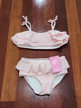 NEW Ruffle Butts Pink & White Striped Seersucker Ruffle Bikini | Size 6